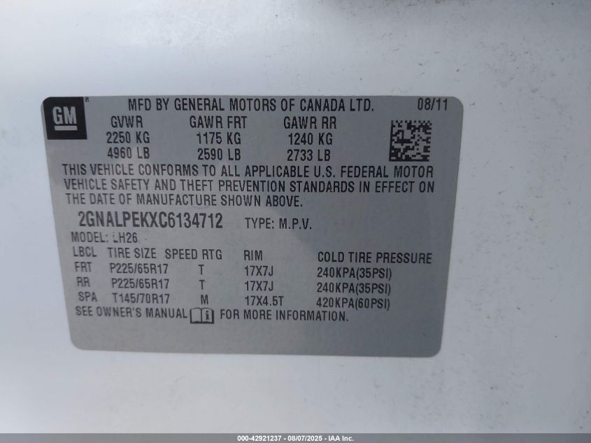 2012 Chevrolet Equinox 2Lt VIN: 2GNALPEKXC6134712 Lot: 42921237