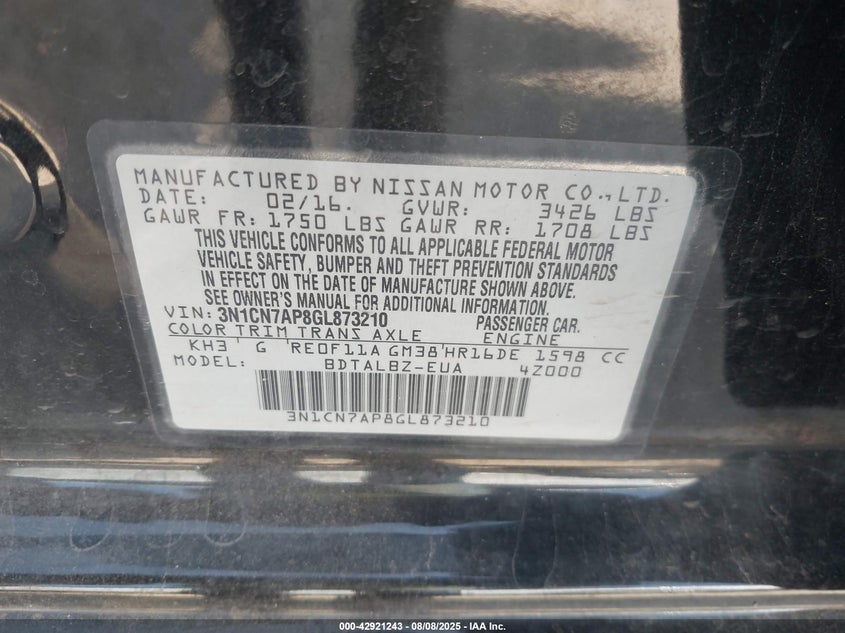 2016 NISSAN VERSA 1.6 SV - 3N1CN7AP8GL873210