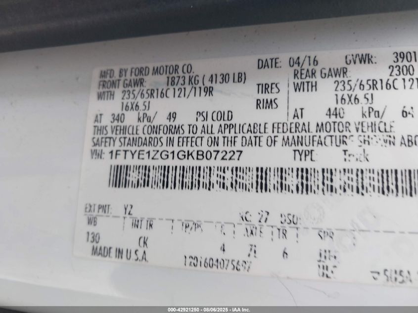 2016 Ford Transit-150 VIN: 1FTYE1ZG1GKB07227 Lot: 42921250