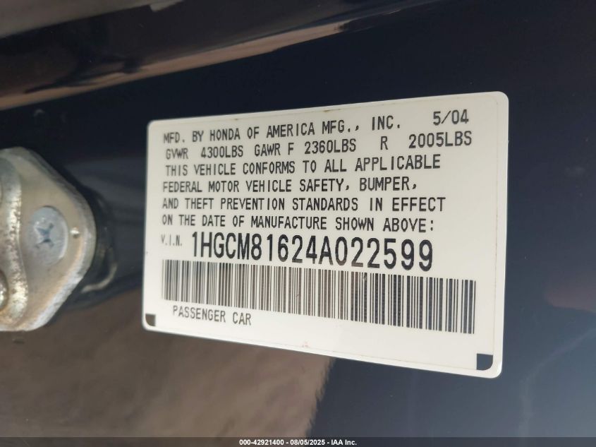 2004 Honda Accord 3.0 Ex VIN: 1HGCM81624A022599 Lot: 42921400