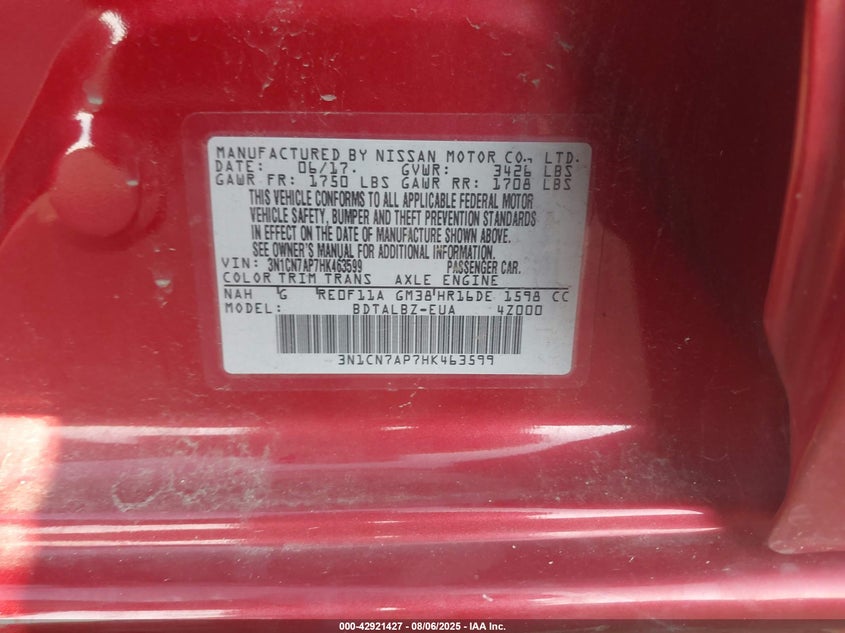 2017 NISSAN VERSA 1.6 SV - 3N1CN7AP7HK463599