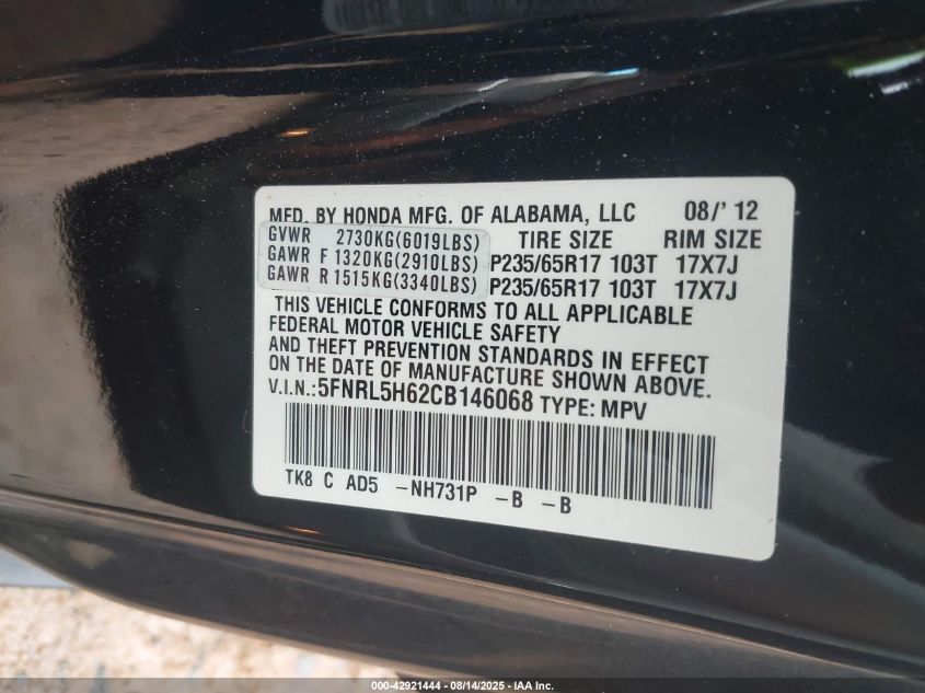 2012 Honda Odyssey Ex-L VIN: 5FNRL5H62CB146068 Lot: 42921444
