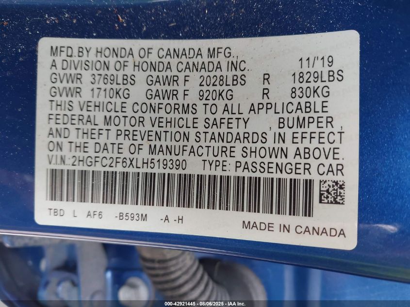 2020 Honda Civic Lx VIN: 2HGFC2F6XLH519390 Lot: 42921445