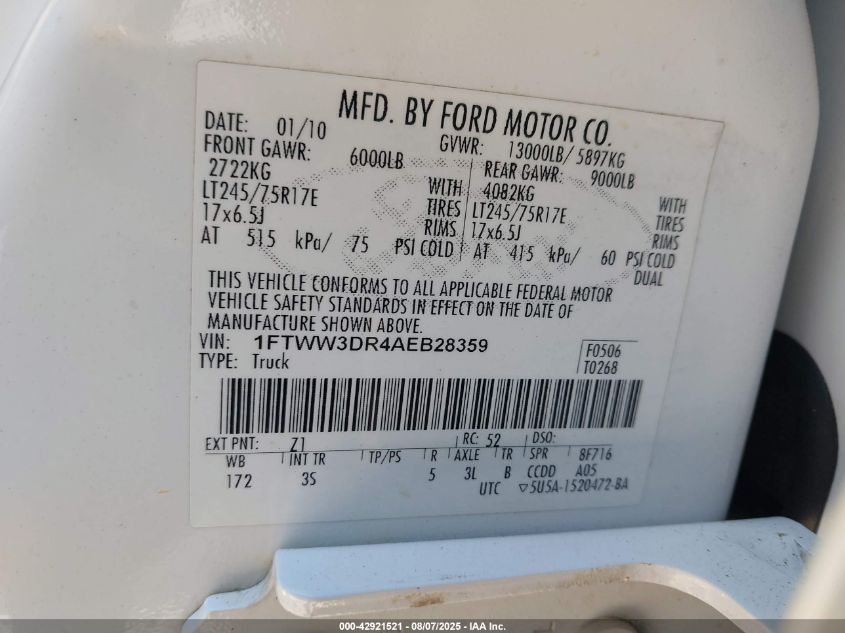 2010 Ford F-350 King Ranch/Lariat/Xl/Xlt VIN: 1FTWW3DR4AEB28359 Lot: 42921521