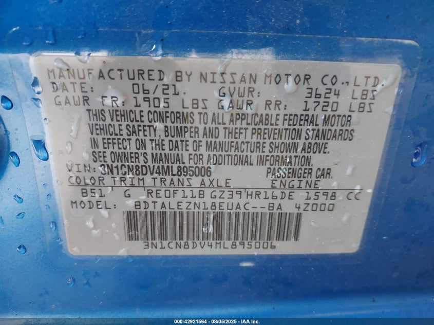 2021 NISSAN VERSA S XTRONIC CVT - 3N1CN8DV4ML895006