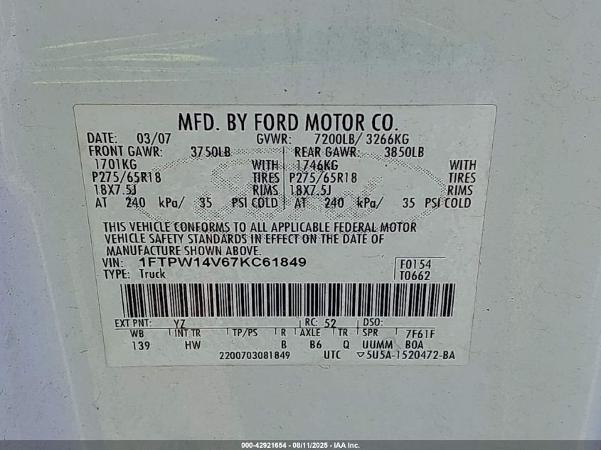 2007 Ford F-150 Fx4/Lariat/Xlt VIN: 1FTPW14V67KC61849 Lot: 42921654