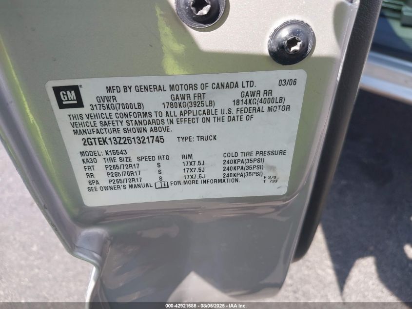 2006 GMC New Sierra K1500 VIN: 2GTEK13Z261321745 Lot: 42921688