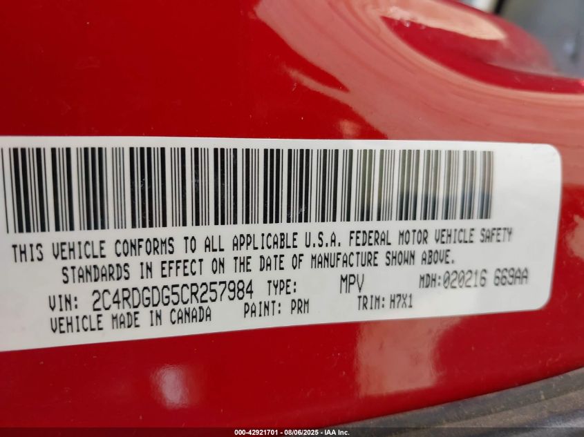 2012 Dodge Grand Caravan Crew VIN: 2C4RDGDG5CR257984 Lot: 42921701