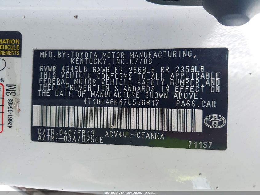 2007 Toyota Camry Le VIN: 4T1BE46K47U566817 Lot: 42921717