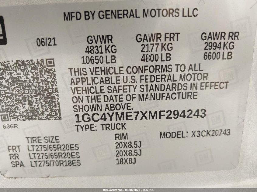 2021 Chevrolet Silverado 2500Hd 4Wd Standard Bed Custom VIN: 1GC4YME7XMF294243 Lot: 42921785