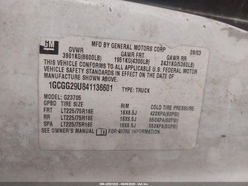 2004 Chevrolet Express VIN: 1GCGG29U841136601 Lot: 42921835