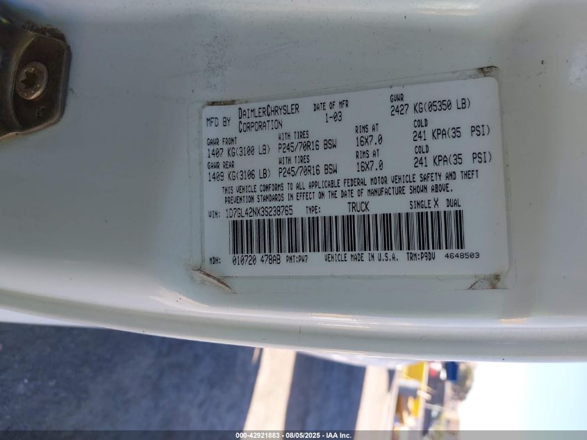 2003 Dodge Dakota Slt VIN: 1D7GL42NX3S238765 Lot: 42921883