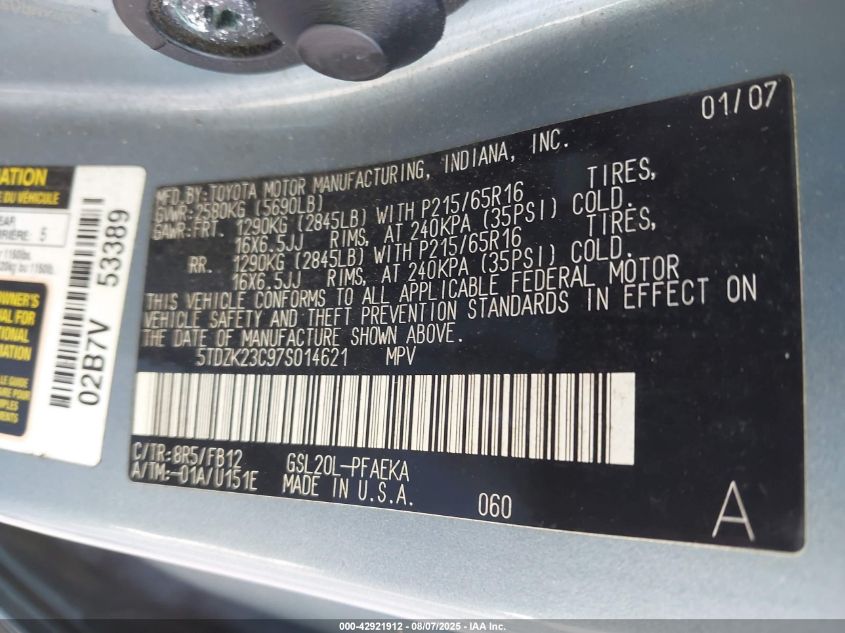 2007 Toyota Sienna Le VIN: 5TDZK23C97S014621 Lot: 42921912