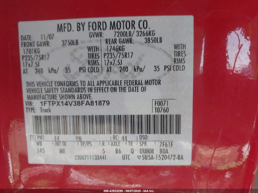 2008 Ford F-150 Fx4/Lariat/Xl/Xlt VIN: 1FTPX14V38FS81879 Lot: 42922298