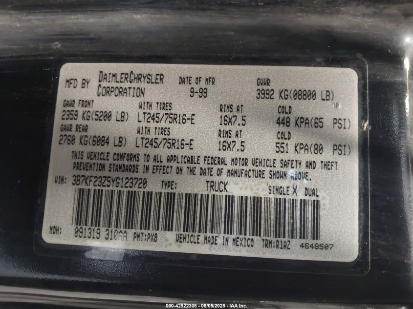 2000 Dodge Ram 2500 St VIN: 3B7KF23Z5YG123720 Lot: 42922308
