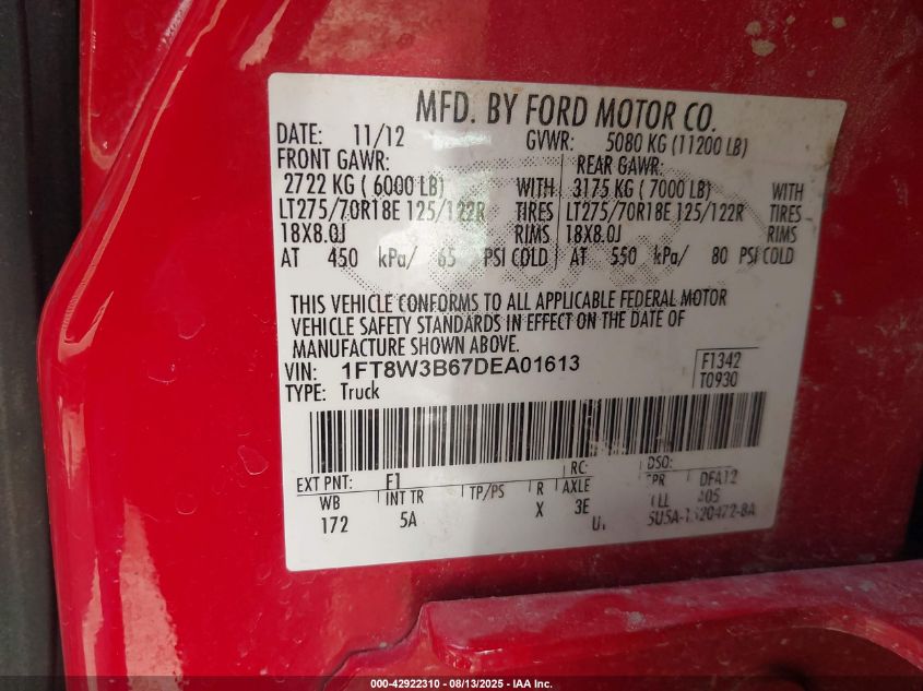 2013 Ford F-350 Lariat VIN: 1FT8W3B67DEA01613 Lot: 42922310