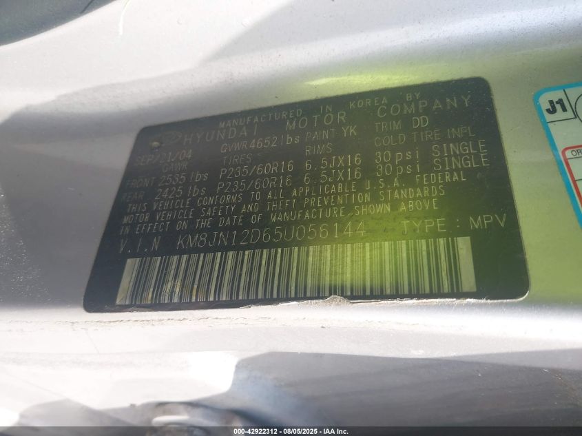 2005 Hyundai Tucson Gls/Lx VIN: KM8JN12D65U056144 Lot: 42922312