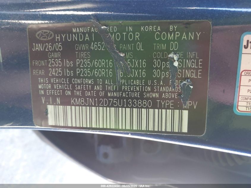 2005 Hyundai Tucson Gls/Lx VIN: KM8JN12D75U133880 Lot: 42922454