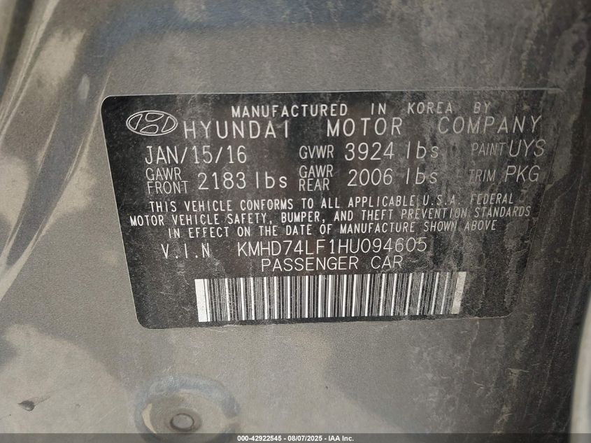 2017 Hyundai Elantra Se VIN: KMHD74LF1HU094605 Lot: 42922545