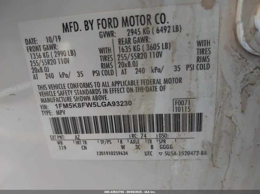 1FM5K8FW5LGA93230 2020 FORD EXPLORER photo no. 9