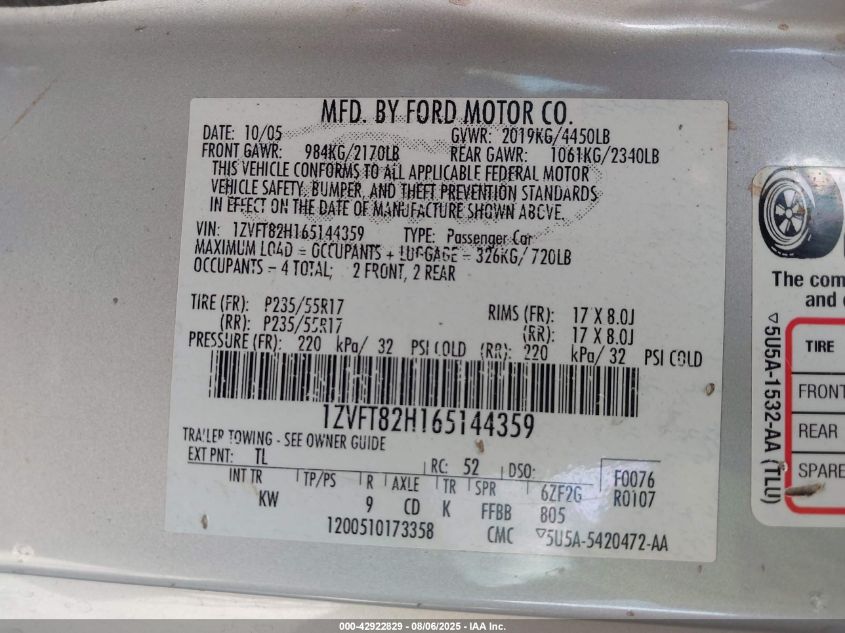 2006 Ford Mustang Gt VIN: 1ZVFT82H165144359 Lot: 42922829