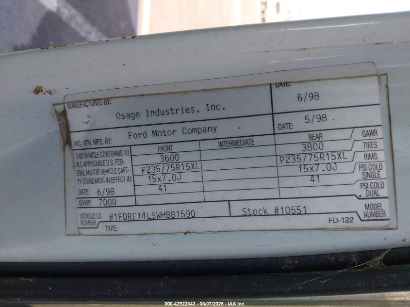 1998 Ford E-150 Recreational VIN: 1FDRE14L5WHB81590 Lot: 42922843