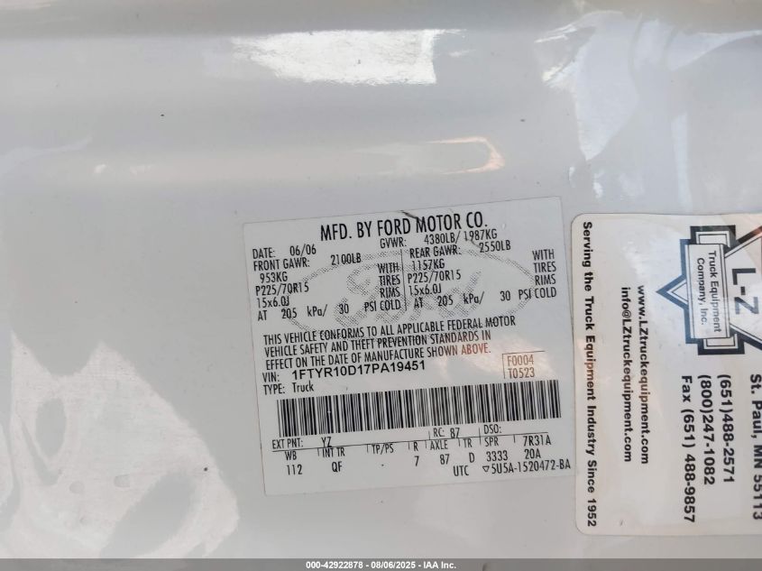 2007 Ford Ranger Stx/Xl/Xlt VIN: 1FTYR10D17PA19451 Lot: 42922878