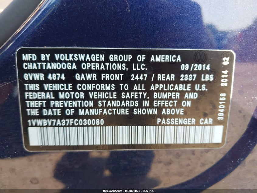 2015 VOLKSWAGEN PASSAT 2.0L TDI SE - 1VWBV7A37FC030080