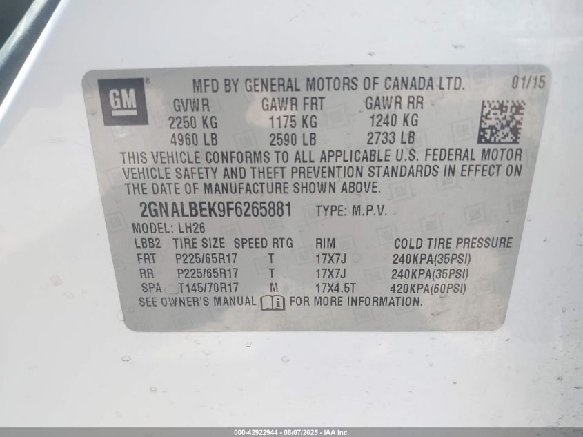 2015 Chevrolet Equinox 1Lt VIN: 2GNALBEK9F6265881 Lot: 42922944