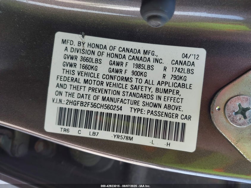 2012 Honda Civic Lx VIN: 2HGFB2F56CH560254 Lot: 42923015