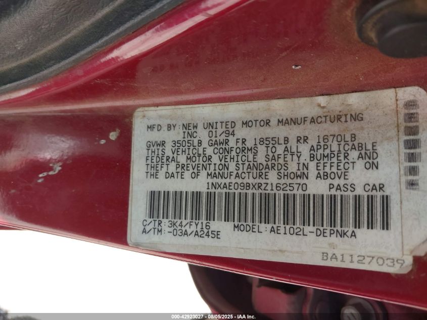 1994 Toyota Corolla Le/Dx VIN: 1NXAE09BXRZ162570 Lot: 42923027