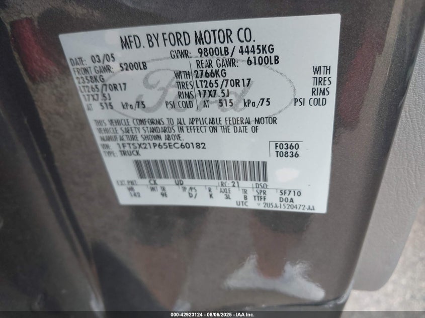 2005 Ford F-250 Lariat/Xl/Xlt VIN: 1FTSX21P65EC60182 Lot: 42923124