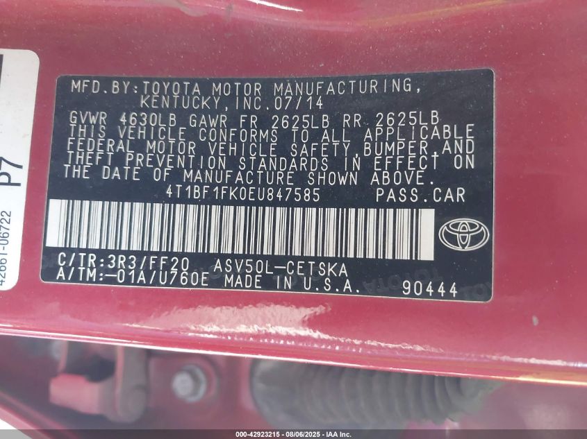 2014 Toyota Camry Se VIN: 4T1BF1FK0EU847585 Lot: 42923215