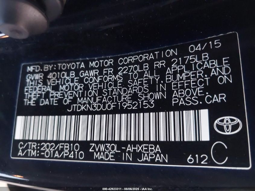 2015 Toyota Prius Two VIN: JTDKN3DU0F1952153 Lot: 42923311