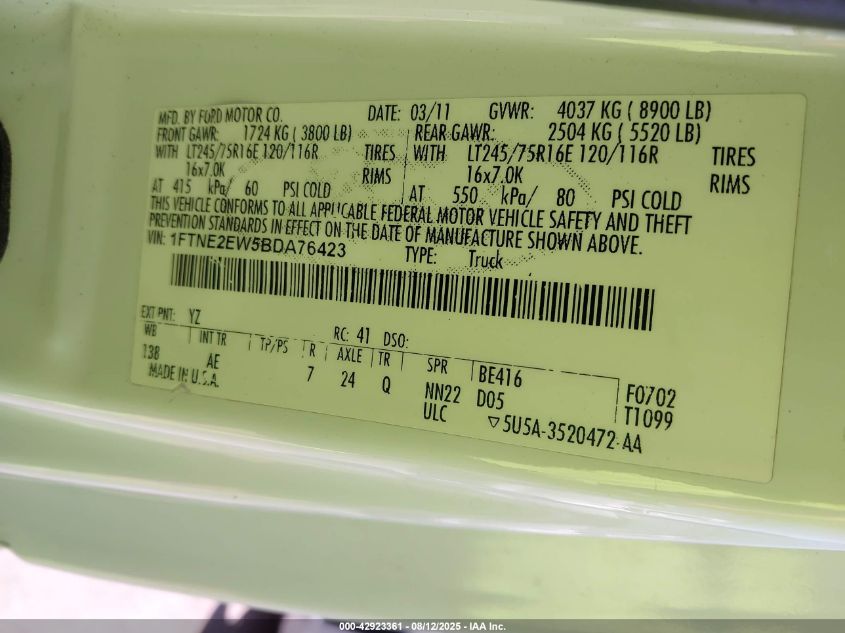 2011 Ford E-250 Commercial VIN: 1FTNE2EW5BDA76423 Lot: 42923361