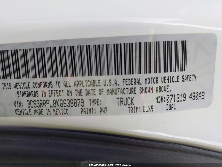 2019 Ram 3500 Limited 4X4 6'4 Box VIN: 3C63RRPL8KG638879 Lot: 42923423