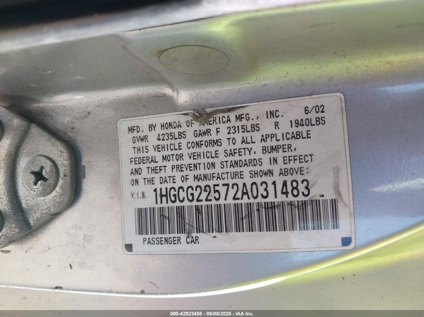 2002 Honda Accord 3.0 Ex VIN: 1HGCG22572A031483 Lot: 42923458