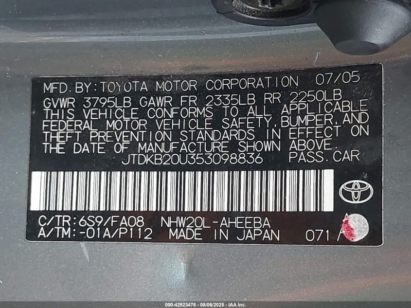 2005 Toyota Prius VIN: JTDKB20U353098836 Lot: 42923476