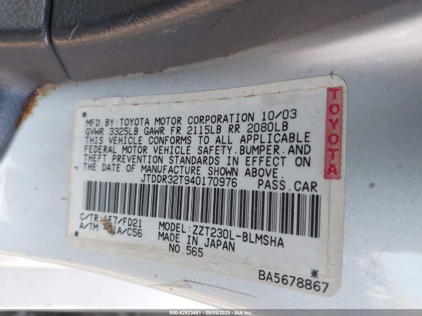 2004 Toyota Celica Gt VIN: JTDDR32T940170976 Lot: 42923481