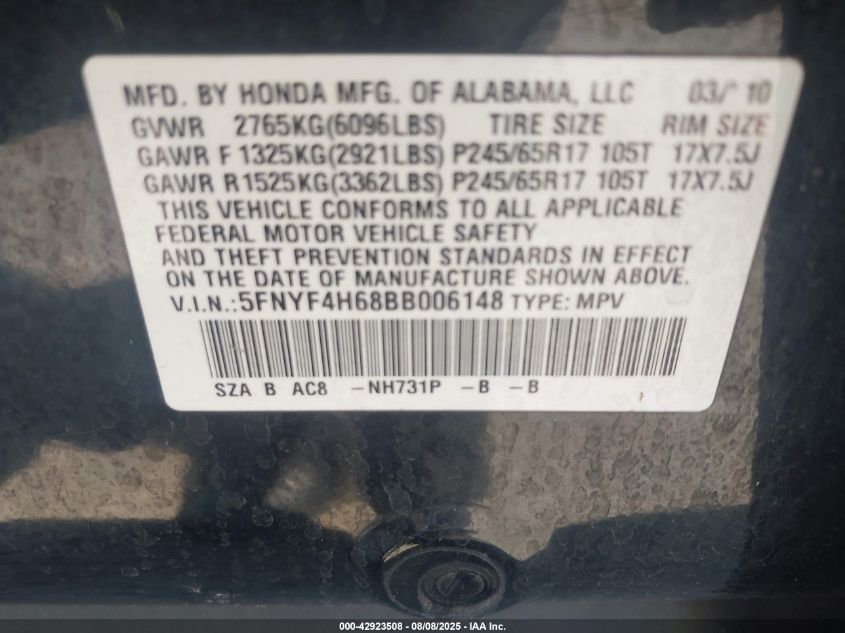 2011 Honda Pilot Ex-L VIN: 5FNYF4H68BB006148 Lot: 42923508