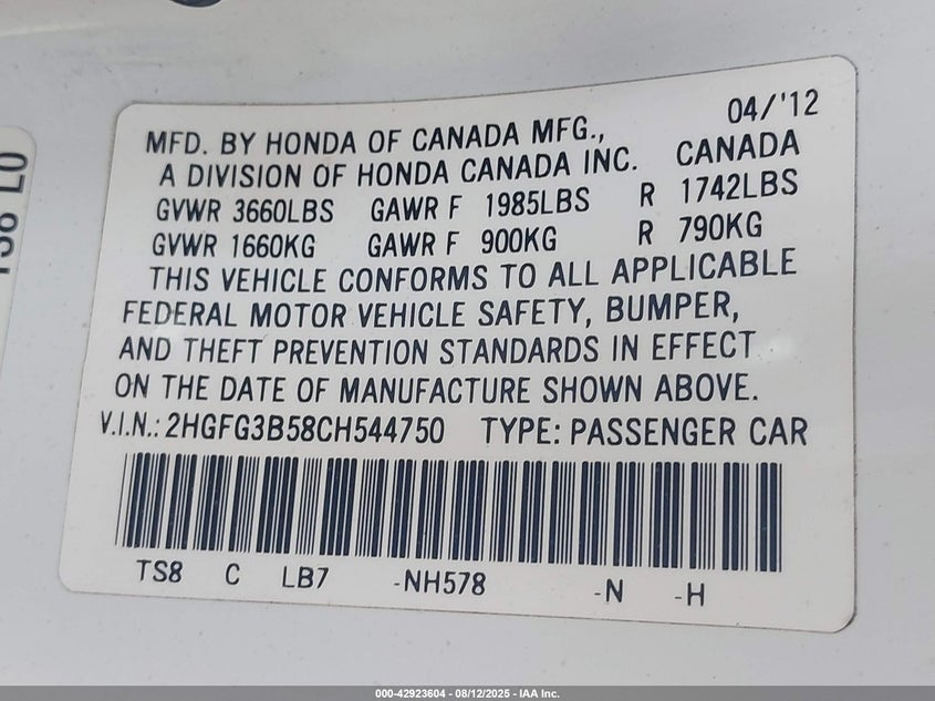 2012 Honda Civic Lx VIN: 2HGFG3B58CH544750 Lot: 42923604