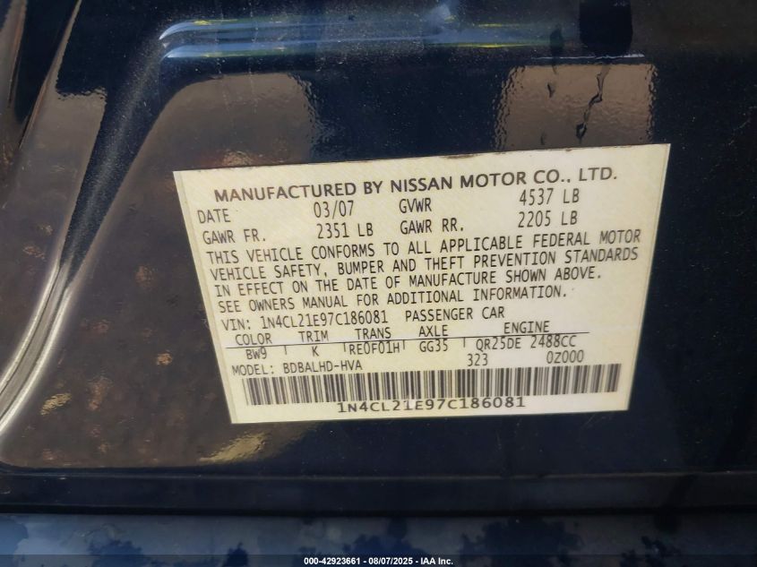 2007 Nissan Altima VIN: 1N4CL21E97T186081 Lot: 42923661