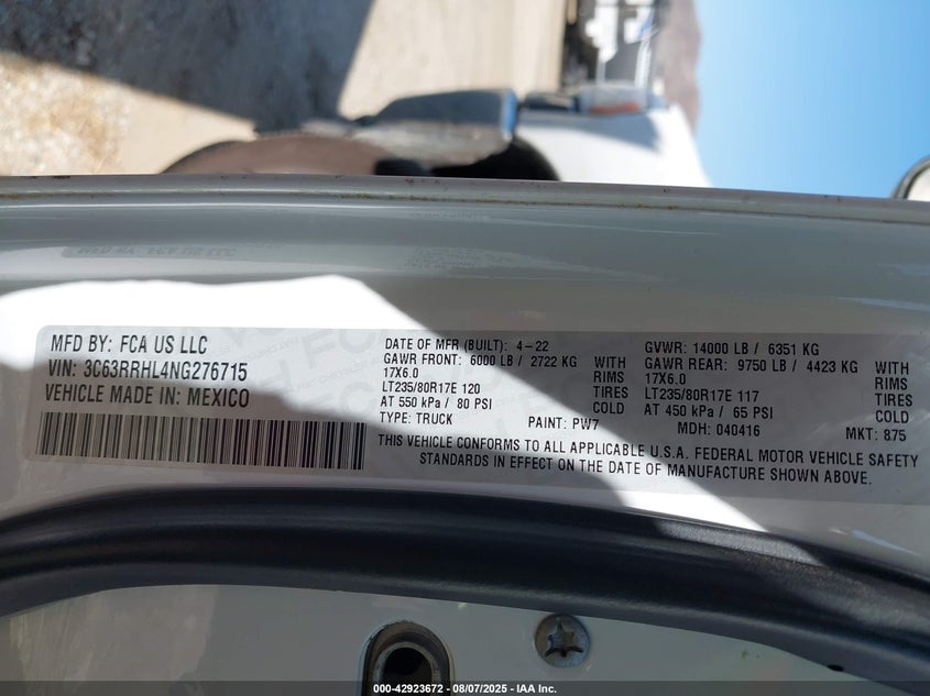 2022 Ram 3500 Big Horn 4X4 8' Box VIN: 3C63RRHL4NG276715 Lot: 42923672