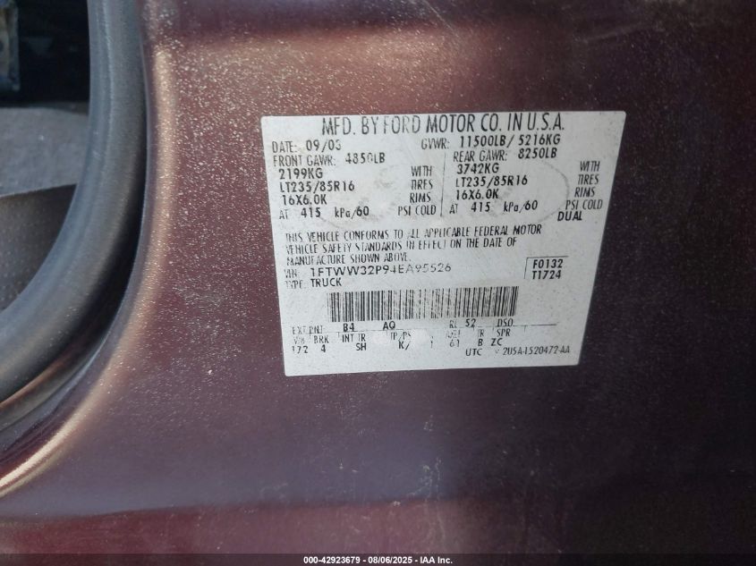 2004 Ford F-350 Lariat/Xl/Xlt VIN: 1FTWW32P94EA95526 Lot: 42923679