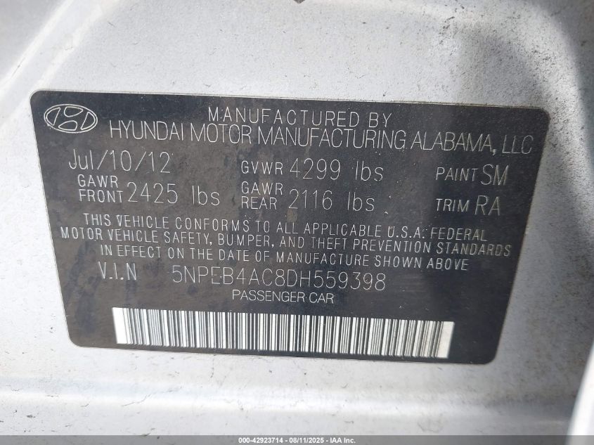 2013 Hyundai Sonata Gls VIN: 5NPEB4AC8DH559398 Lot: 42923714