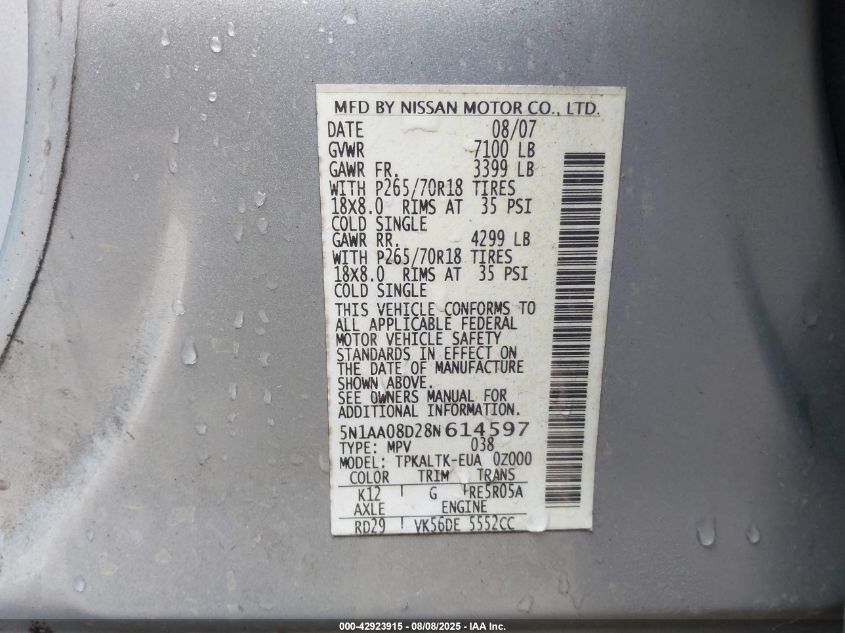 2008 Nissan Armada Se VIN: 5N1AA08D28N614597 Lot: 42923915