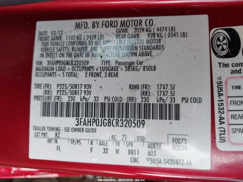 2012 Ford Fusion Sel VIN: 3FAHP0JG8CR320509 Lot: 42923943