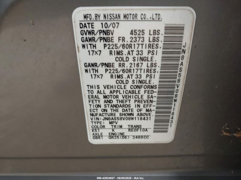 2008 Nissan Rogue Sl VIN: JN8AS58V08W118431 Lot: 42924007