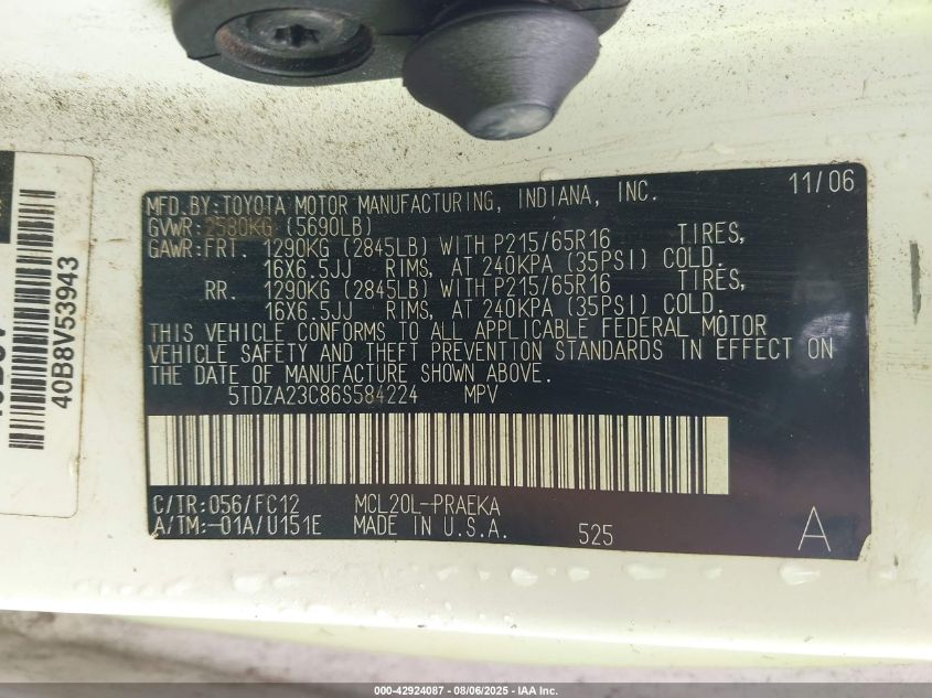 2006 Toyota Sienna Le VIN: 5TDZA23C86S584224 Lot: 42924087