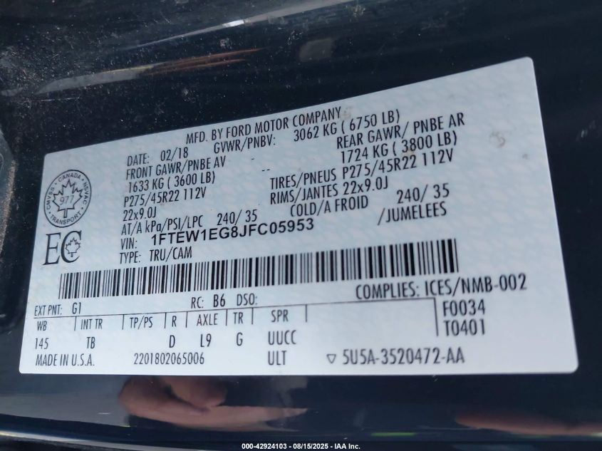 2018 Ford F-150 Limited VIN: 1FTEW1EG8JFC05953 Lot: 42924103